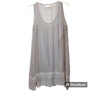 Johnny Was Gray Silk Sheer Swiss Dot Sleeveless Crochet Hem Dress With Silk Slip